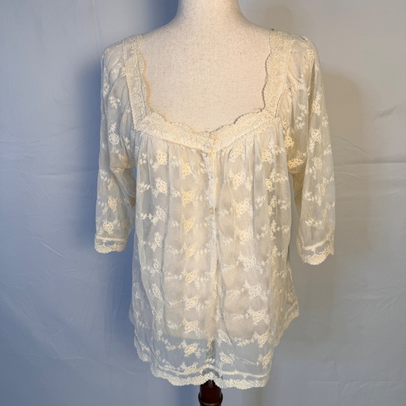 Tops - Cream Floral Lace Sheer Blouse Fairy Cottage Whimsy Square Neck Mesh Top